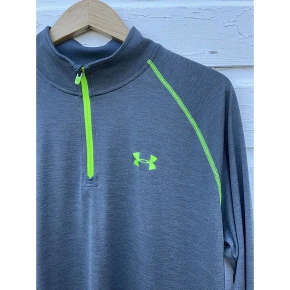 Under Armour Quarter Zip Men's Large Gray Florescent Logo Athletic Mock Neck - Picture 2 of 4
